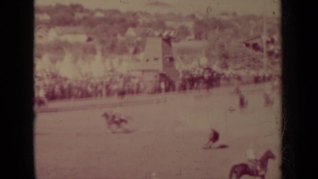Wide rodeo arena with mounted riders, livestock, bleachers, and distant buildings.