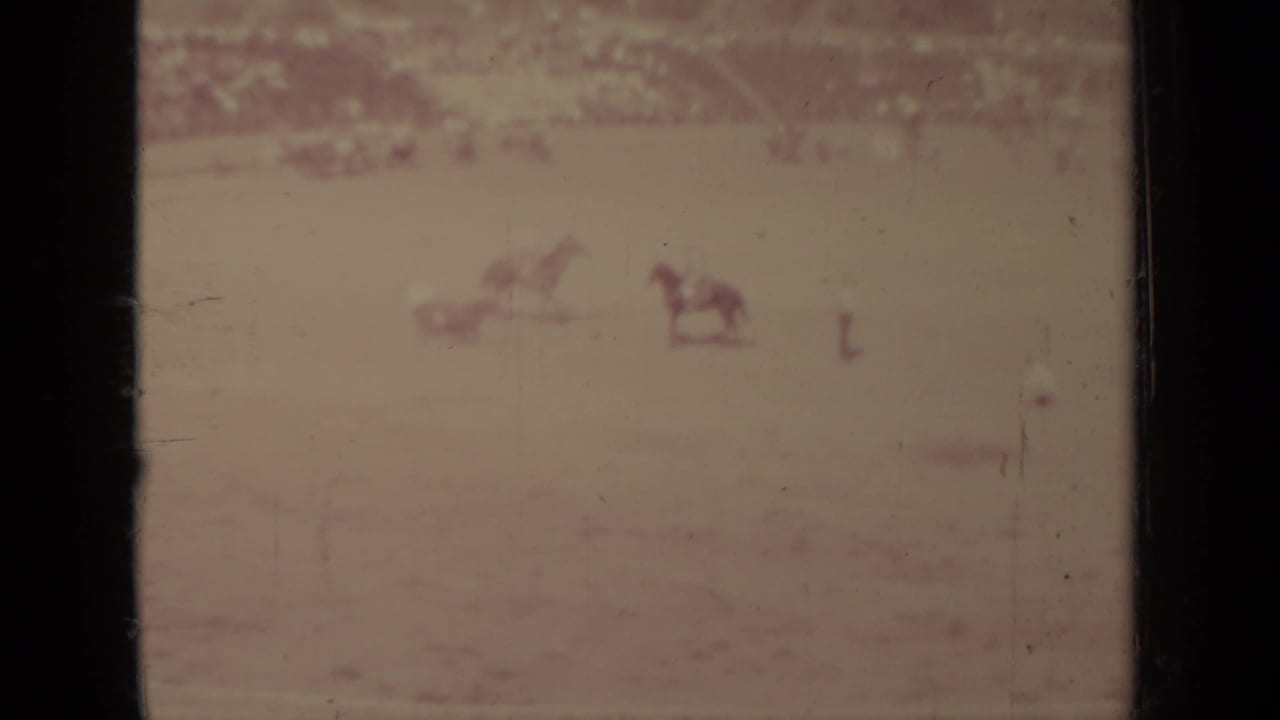 Faded racetrack view with horses and riders barely visible near a rail.