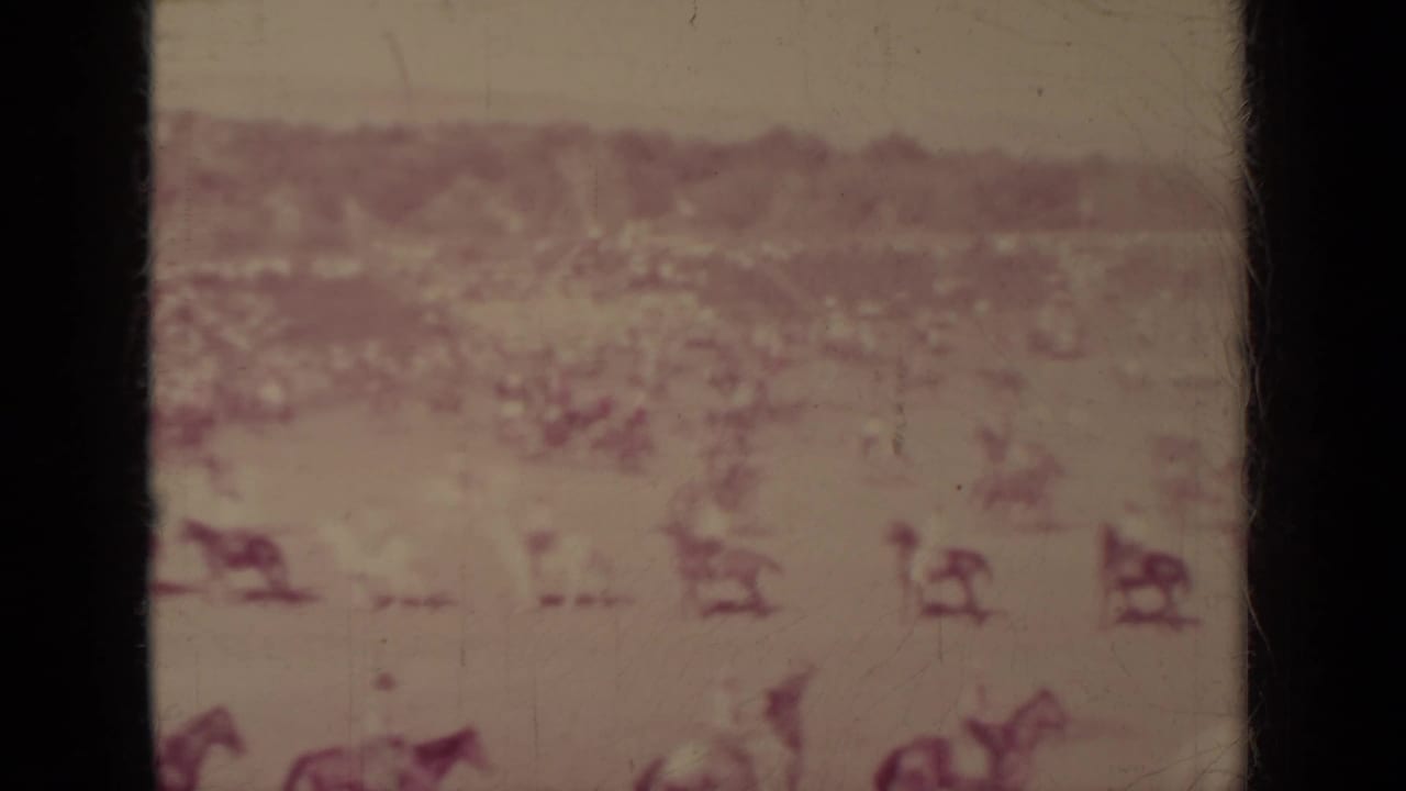 Horseback riders appear in loose lines across a pale outdoor field.