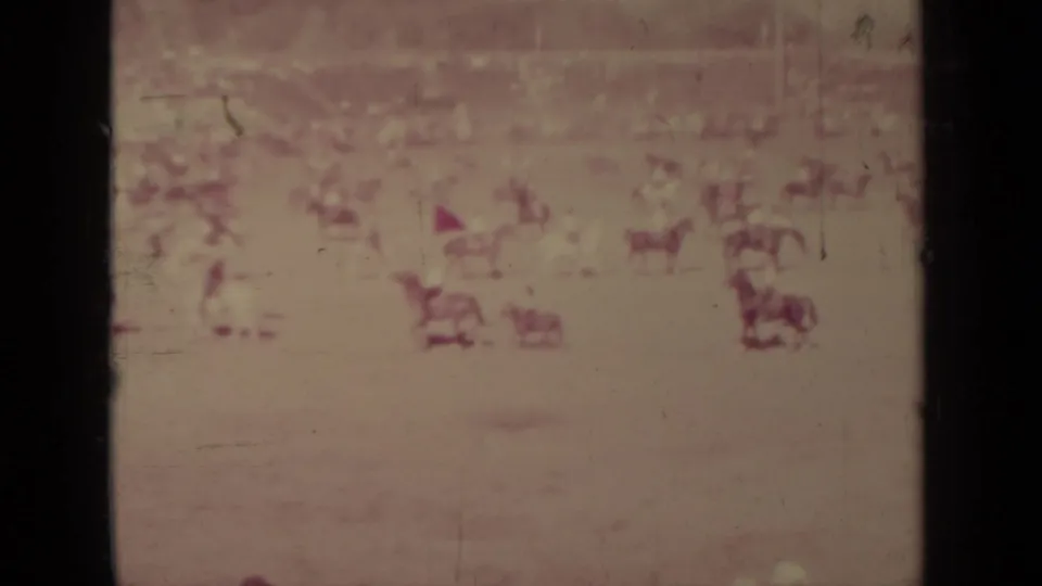 The lower-left frame shows several horseback riders, some clustered and some spaced apart, in the 1937 Klamath arena view.