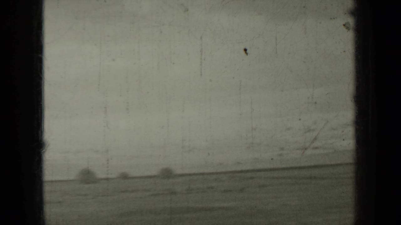 Open field seen through dark framing, with hay bales along a distant horizon under an overcast sky.