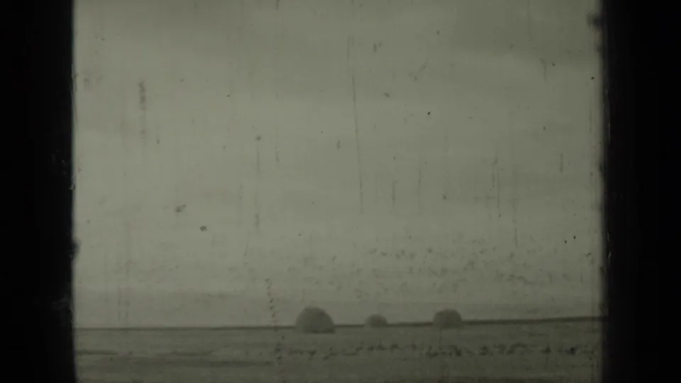 1937 Klamath, California frame with small birds rising over a broad rural field and hay bales near the horizon.