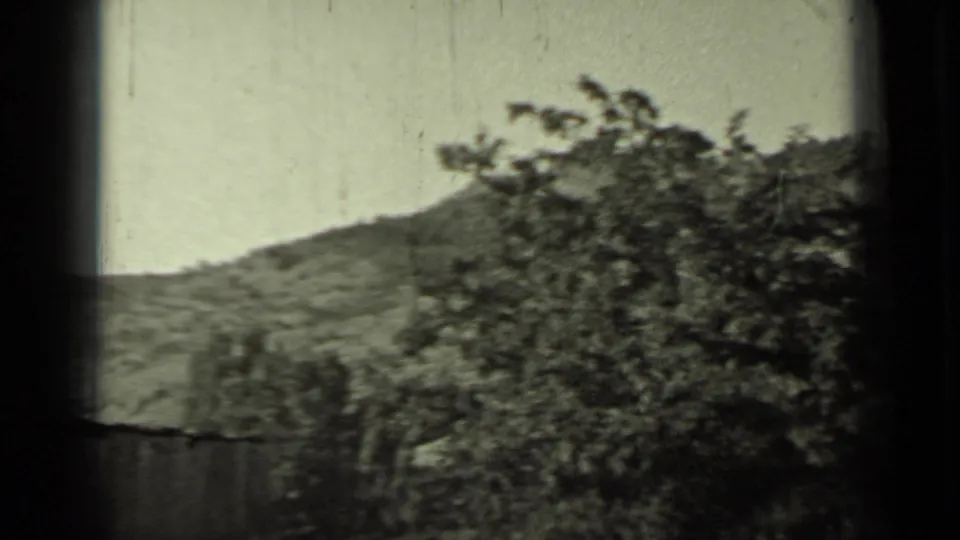 1937 Klamath, California 8mm frame showing leafy trees, a low hillside, and a fence line within a dark window or gate-like frame.