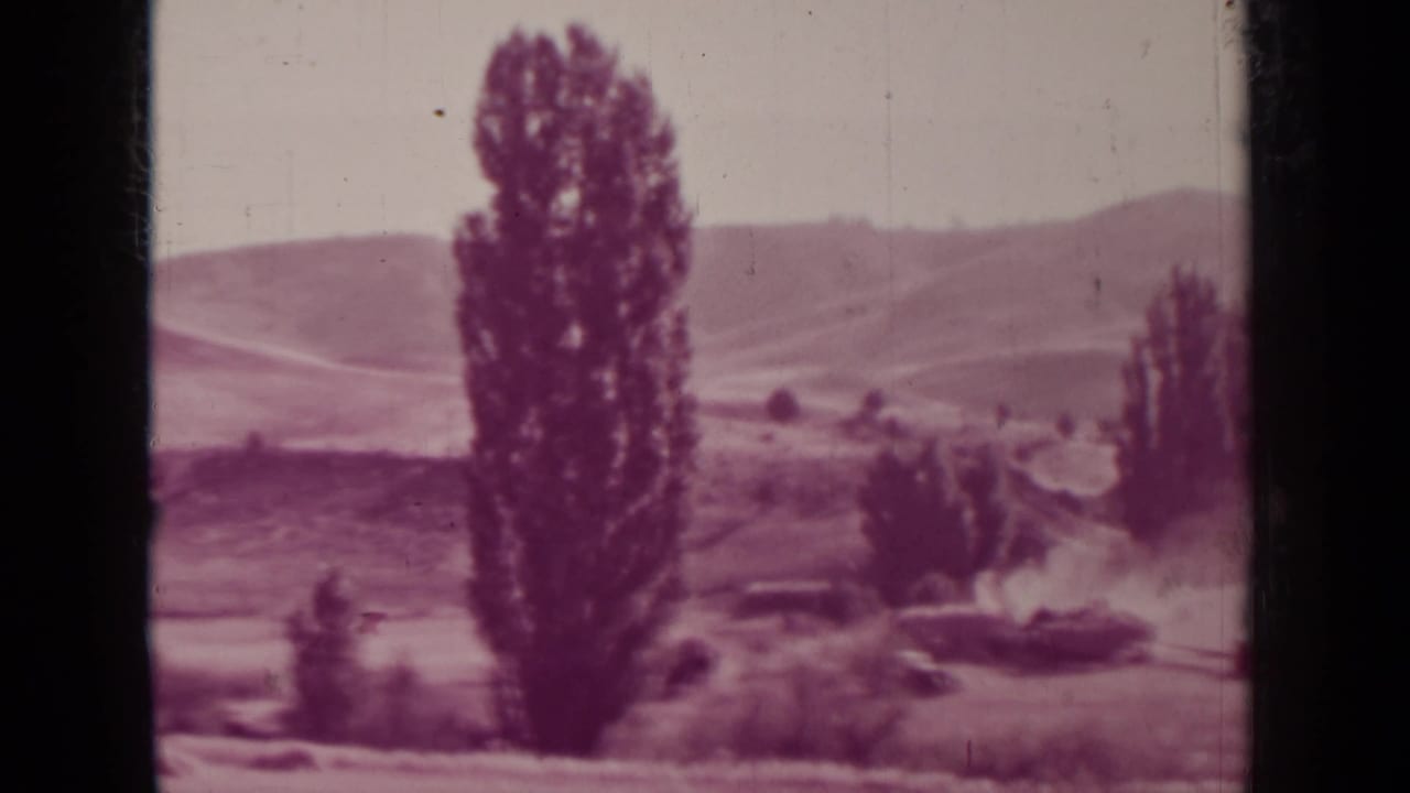 Rural field with tall tree, distant hills, and dust beginning near a tractor area.