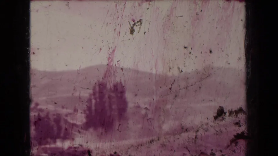 Faded 1930s 8mm view of low hills and trees near Medford, Oregon, with scratches and gate edges visible.