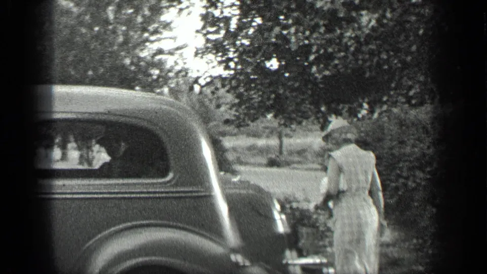 The woman continues past the rear side of the dark car, with leafy trees and an open road visible beyond her.