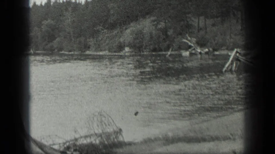 Long Lake, Canada frame with still water, wooded bank, fallen branches, and shoreline vegetation in black-and-white 8mm footage.