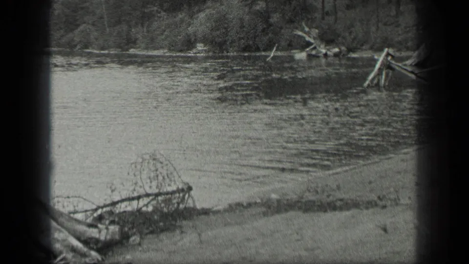 1939 home-movie view of Long Lake shoreline, with foreground grasses, still water, driftwood, and trees across the river.