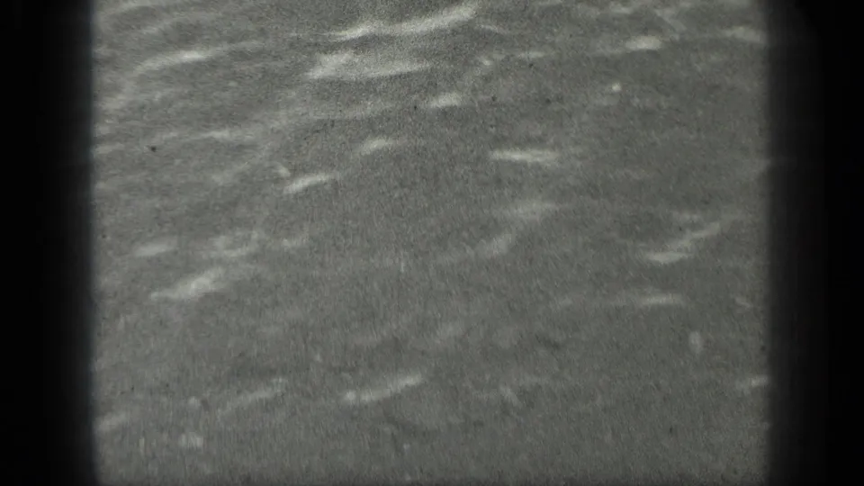 Close view of rippling Long Lake water in black-and-white 8mm footage, with only a narrow shoreline edge visible.