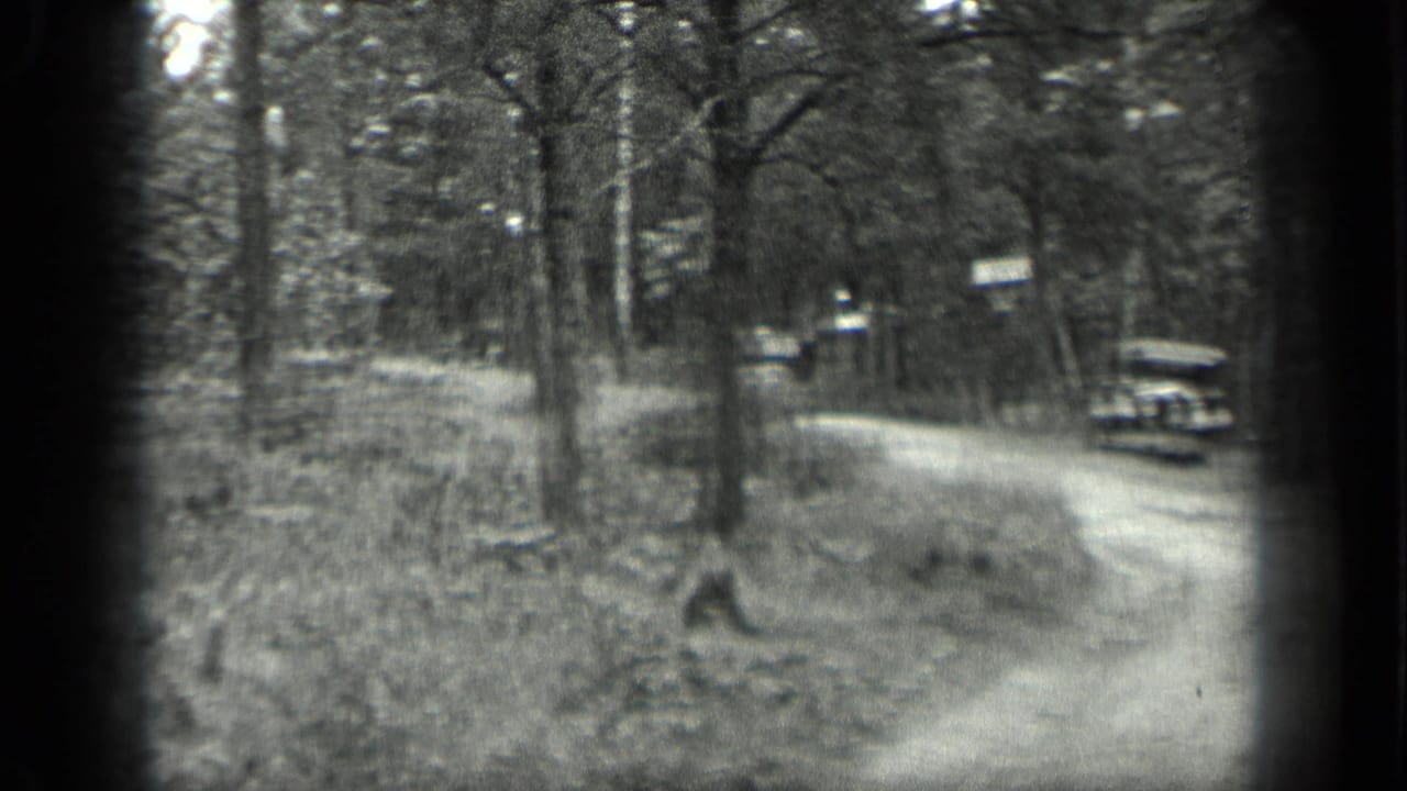 Black-and-white 1939 Long Lake frame with a dirt road, wooded verge, roadside signs, and a vintage car in the distance.