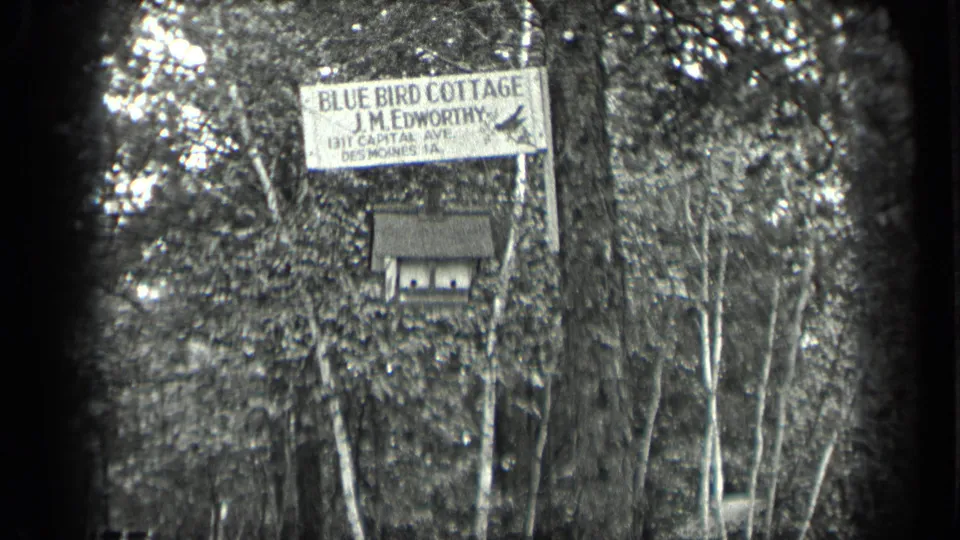 The Blue Bird Cottage sign remains visible above a birdhouse in a wooded Long Lake setting identified by the clip metadata.