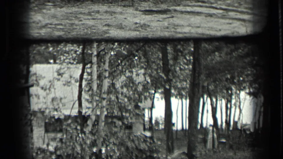 1939 Long Lake, Canada home-movie frame showing trees and brush around a small cabin or outbuilding in soft black-and-white 8mm.