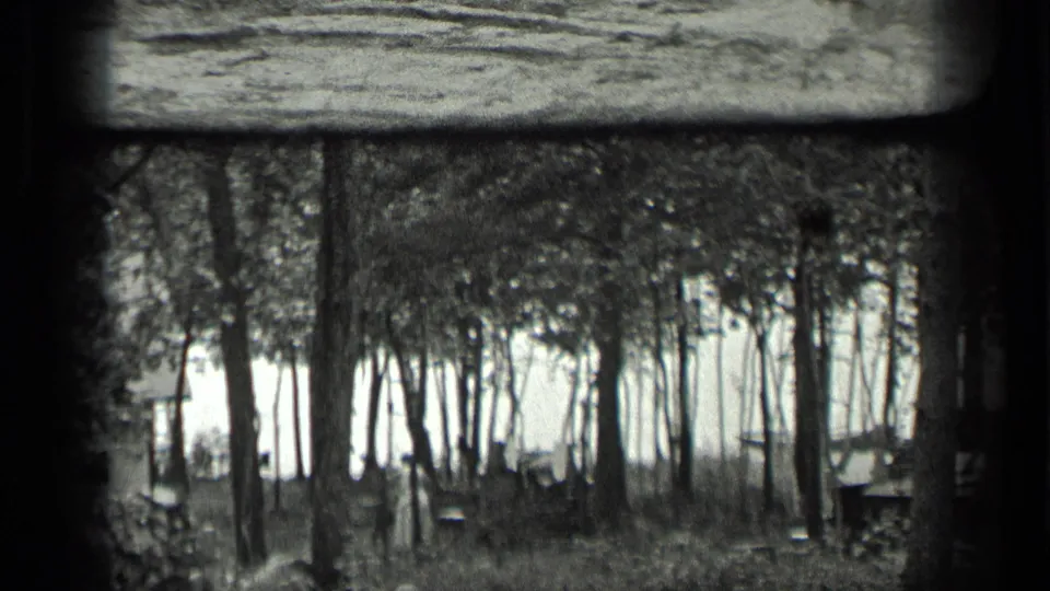 Final 1939 Long Lake frame showing a quiet wooded clearing with tree trunks, brush, and faint cabin-side details in grainy 8mm.