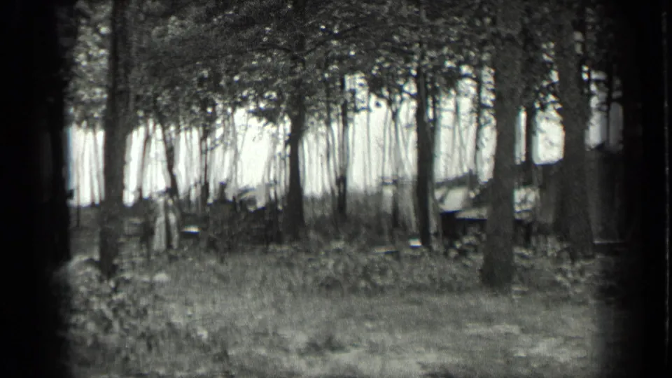 Black-and-white 8mm view at Long Lake, Canada, with a small shack partially concealed by trees and low grass.