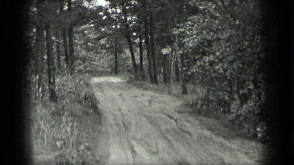 Forward-facing 1939 Long Lake, Canada home-movie view of a rutted dirt road passing between trees and undergrowth.
