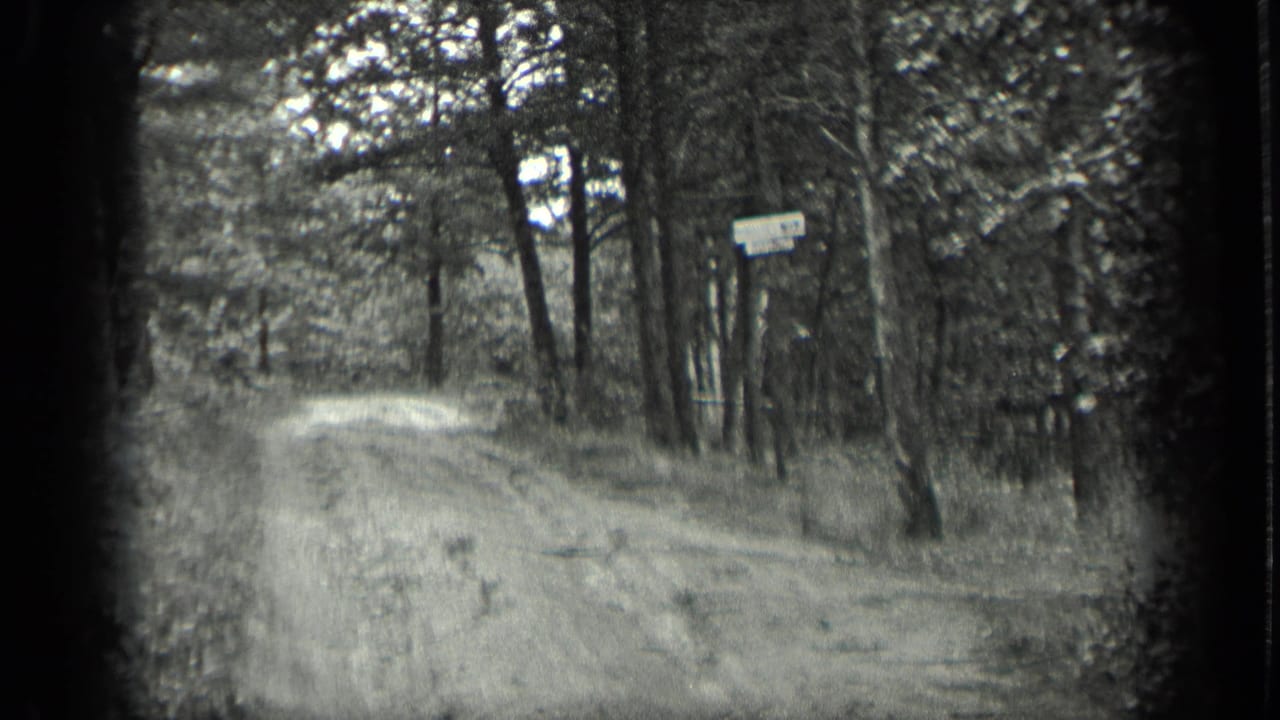 1939 Long Lake home-movie frame showing an unpaved forest path curving past trees toward a small roadside sign.
