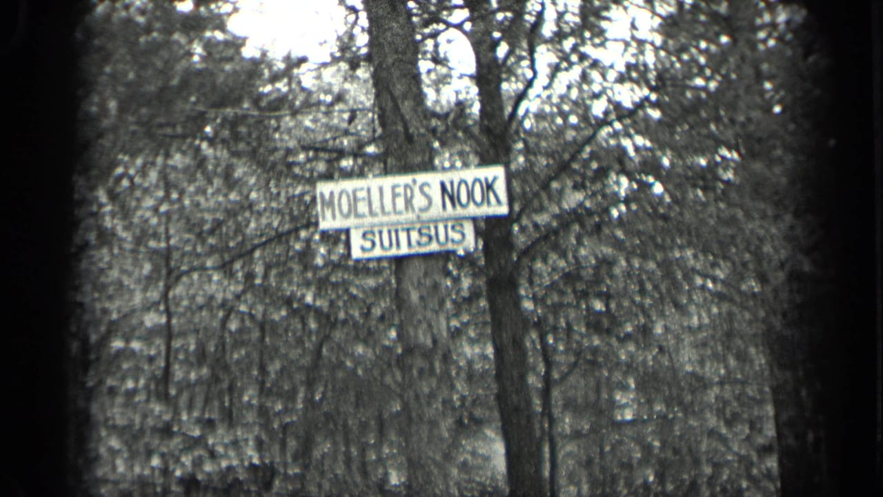 Wooden sign reading Moeller's Nook and Suitsus among trees.