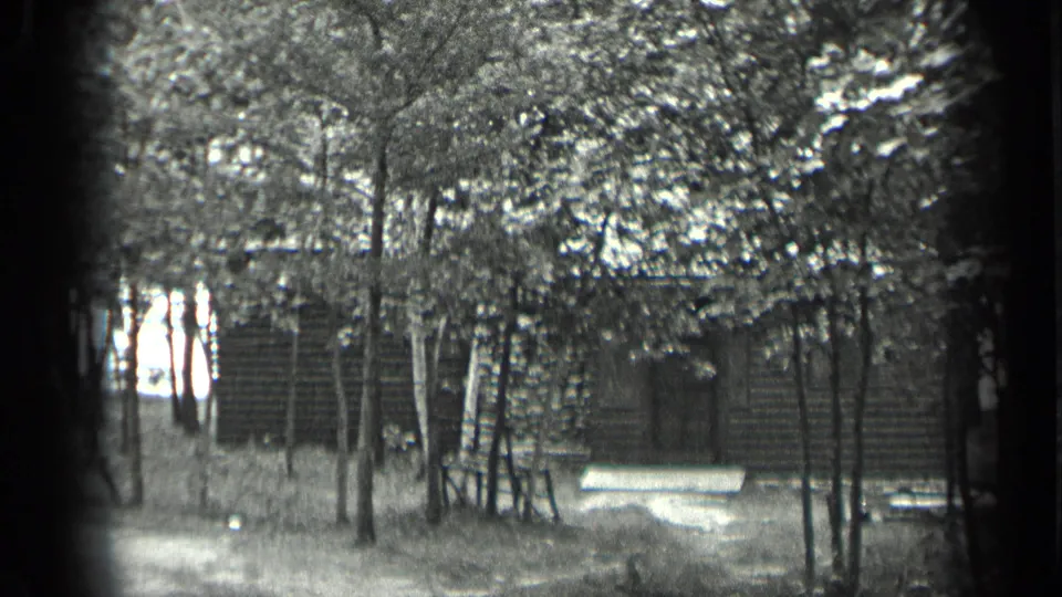 Long Lake, Canada home-movie frame of a rustic cabin viewed through trees, with a bench and uneven woodland ground visible.