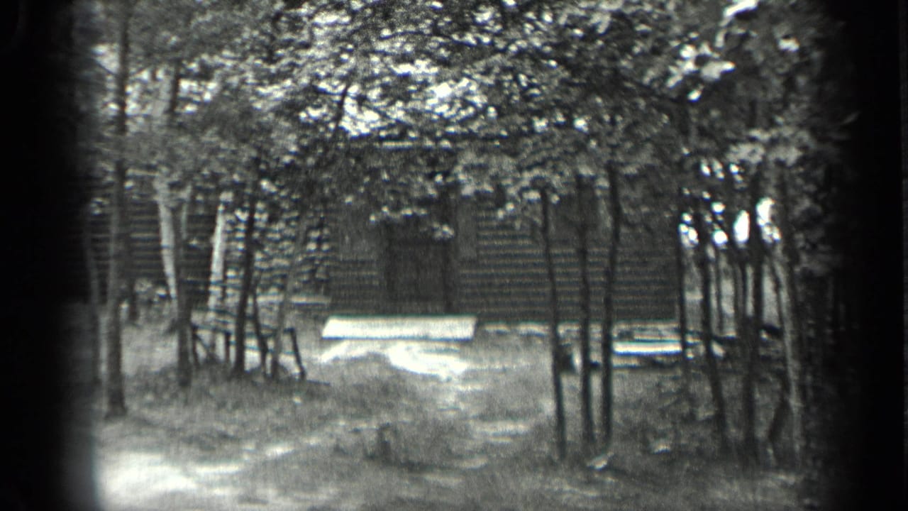 1939 Long Lake, Canada 8mm frame showing a dirt path through trees toward a rustic cabin and pale bench in a clearing.