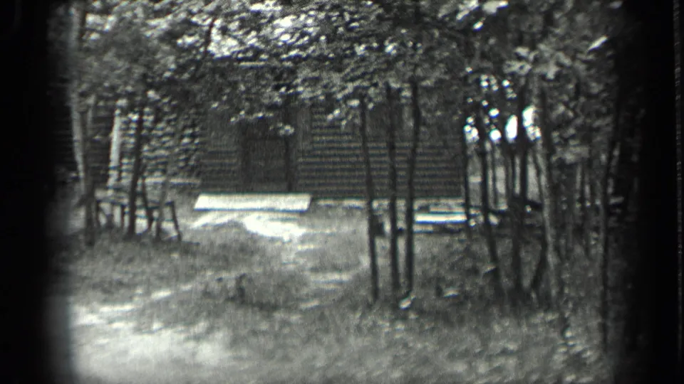 Long Lake home-movie frame with trees framing a dirt path, a low pale bench, and a rustic cabin in the background.