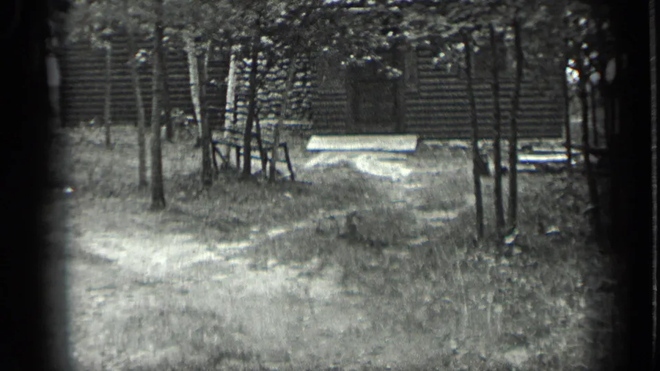 1939 8mm view of a rustic cabin behind tree trunks, with a pale bench or platform at the edge of the clearing.