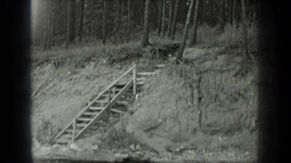 1939 Long Lake, Canada frame with a wooden stairway on a steep bank, backed by dense trees and rough shoreline.