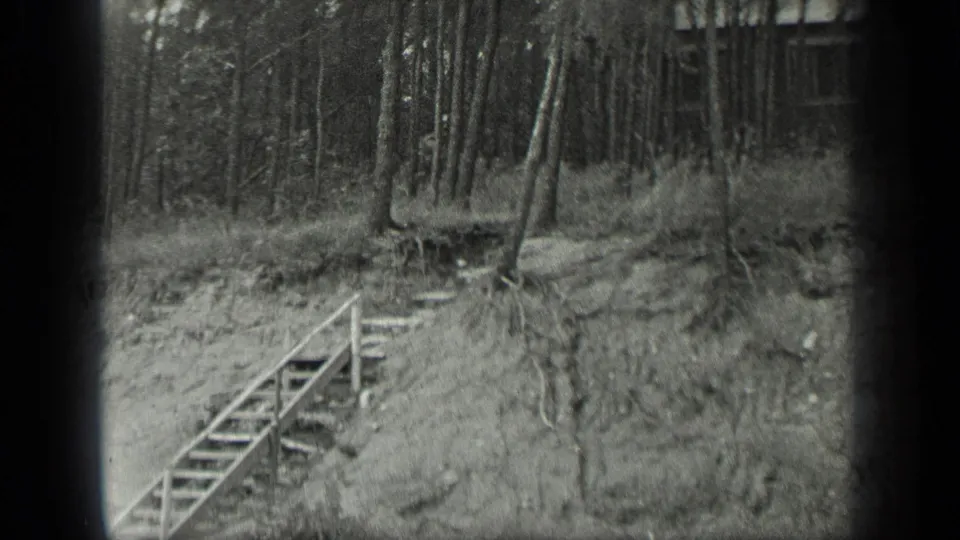 1939 Long Lake, Canada frame showing wooden steps on an eroded bank, with tall trees and part of a rustic building above.