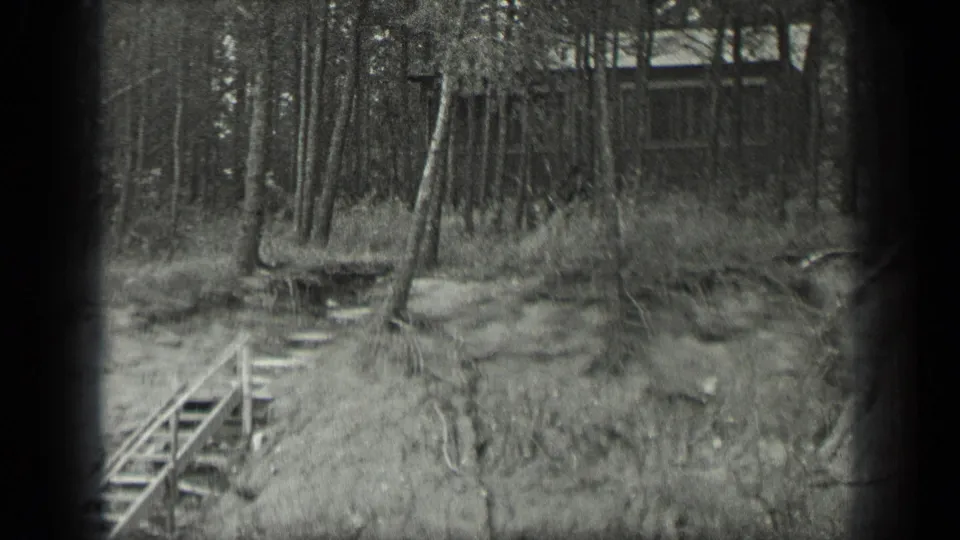 1939 Long Lake, Canada home-movie frame showing rough wooden stairs on a root-filled bank below a cabin in the woods.