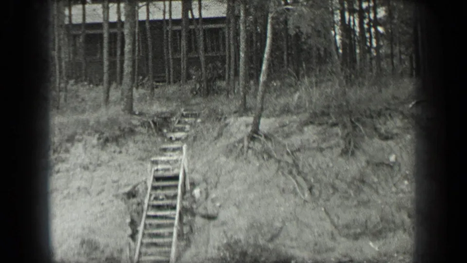 1939 Long Lake, Canada home-movie frame showing rough wooden steps rising from a sandy lakeside bank toward a small shack in dense trees.