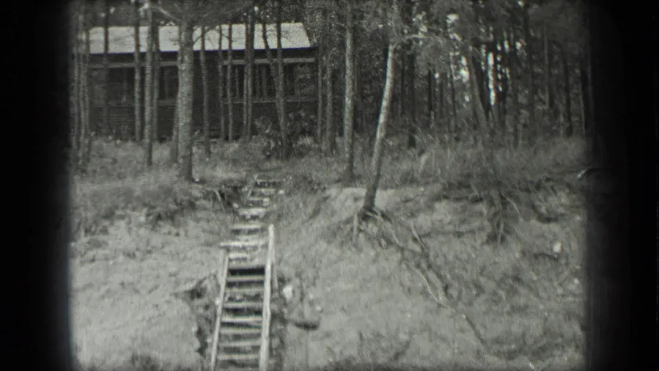 Black-and-white 8mm view of a wooded Long Lake shack above weathered steps and an eroded bank with roots and brush.
