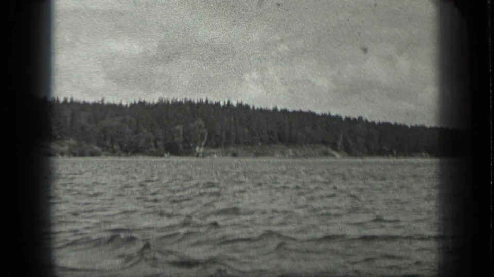 Wider 1939 Long Lake, Canada boat view across open rippled water toward a continuous forested shoreline beneath a cloudy sky.
