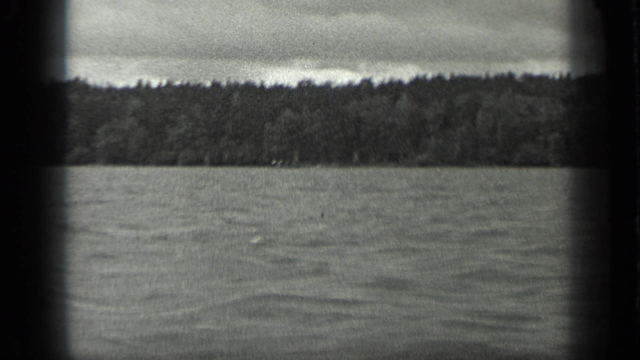 A steady 1939 Long Lake boat view shows open water, a continuous wooded shoreline, and rounded 8mm frame borders.