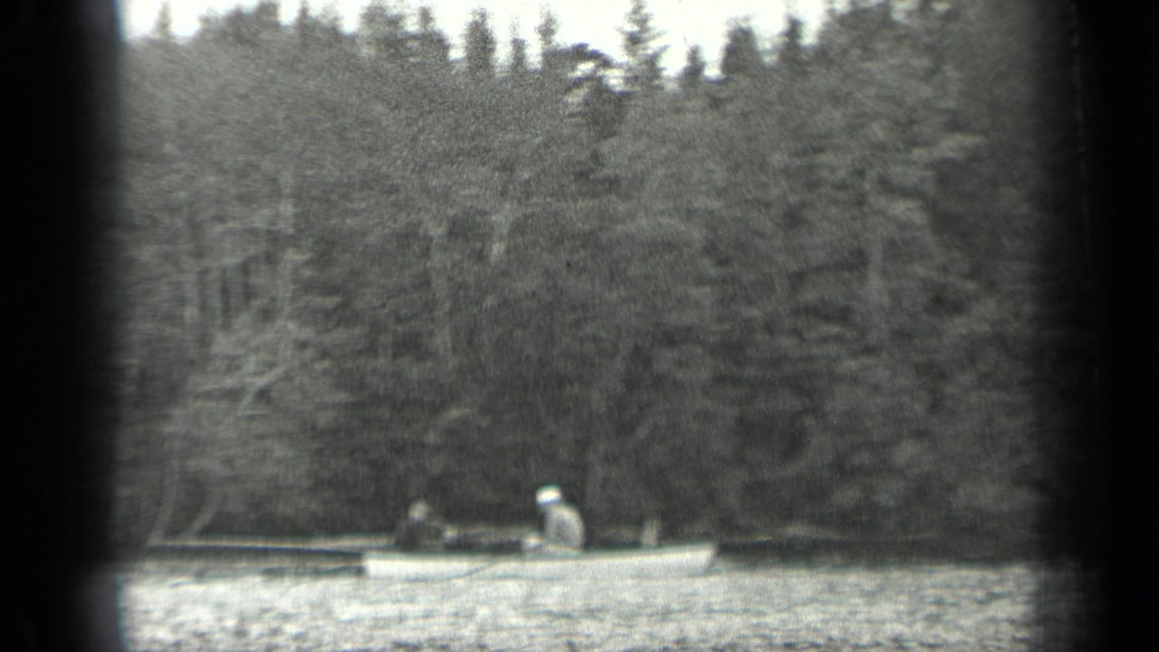 Man in a light hat rowing a small boat across the lake in front of dense forest.
