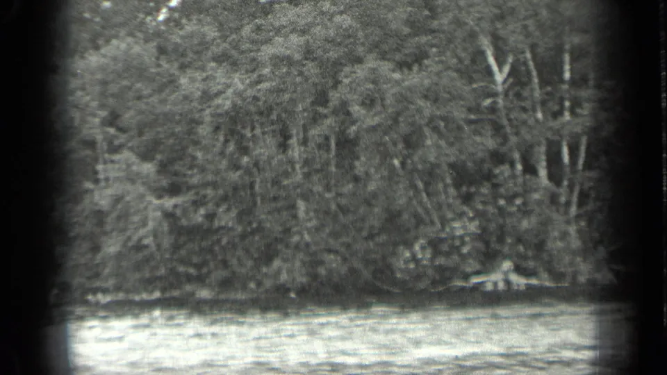 Long Lake, Canada, seen from the water in 1939, with dense forest along the shore and visible 8mm gate edges.