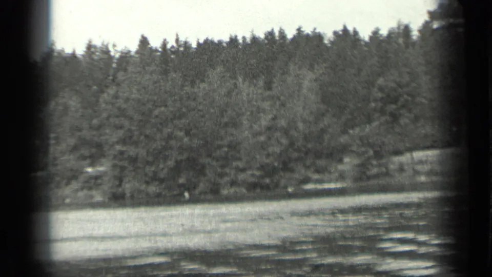Black-and-white Long Lake view with dense forest along the far shore and rippled water in the foreground.