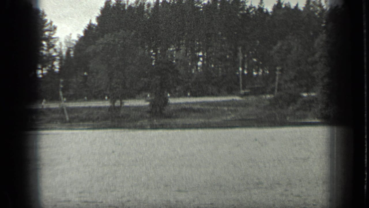 A grainy 8mm view of Long Lake, Canada, with water in the foreground and dense trees along the far bank.