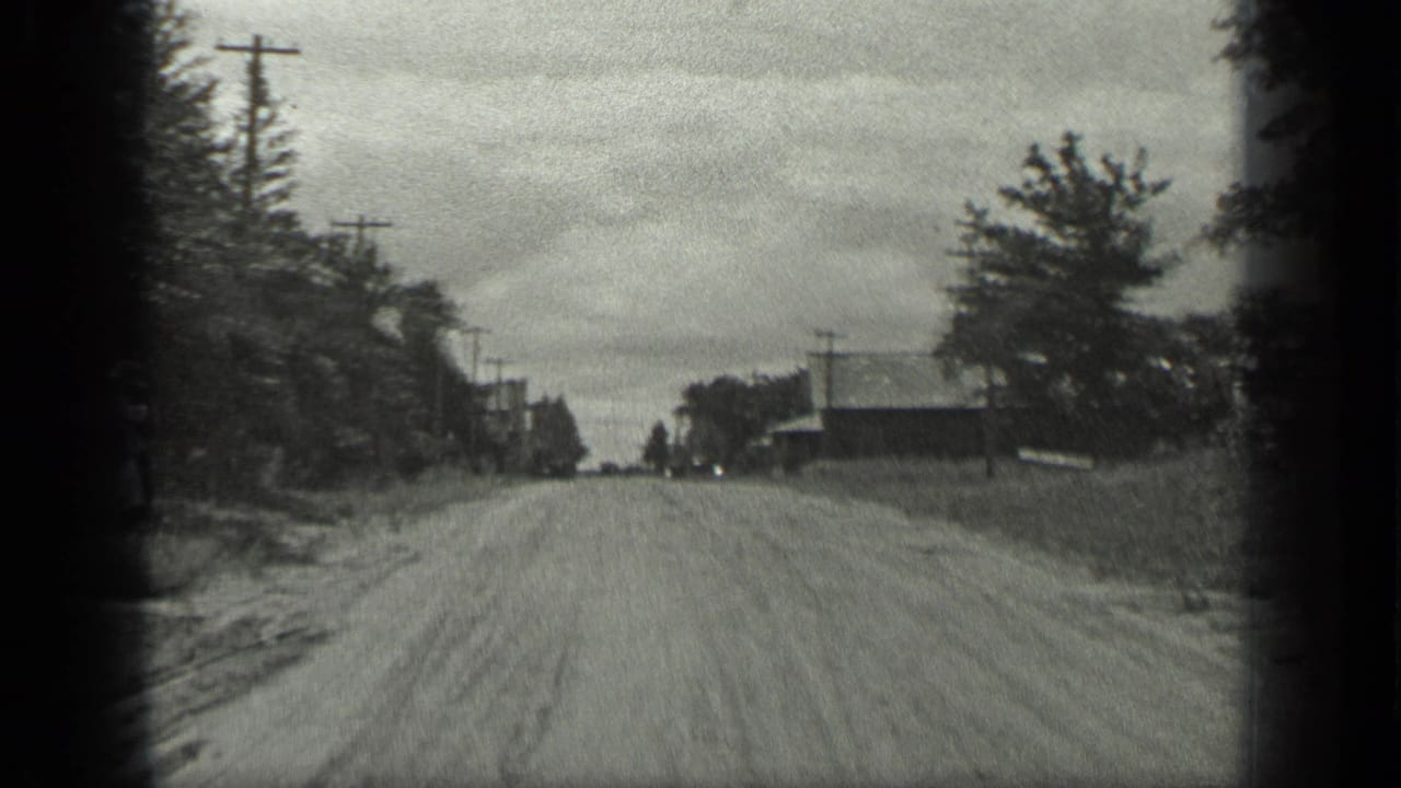 Wide dirt road with trees, utility poles, and roadside buildings under a cloudy sky.