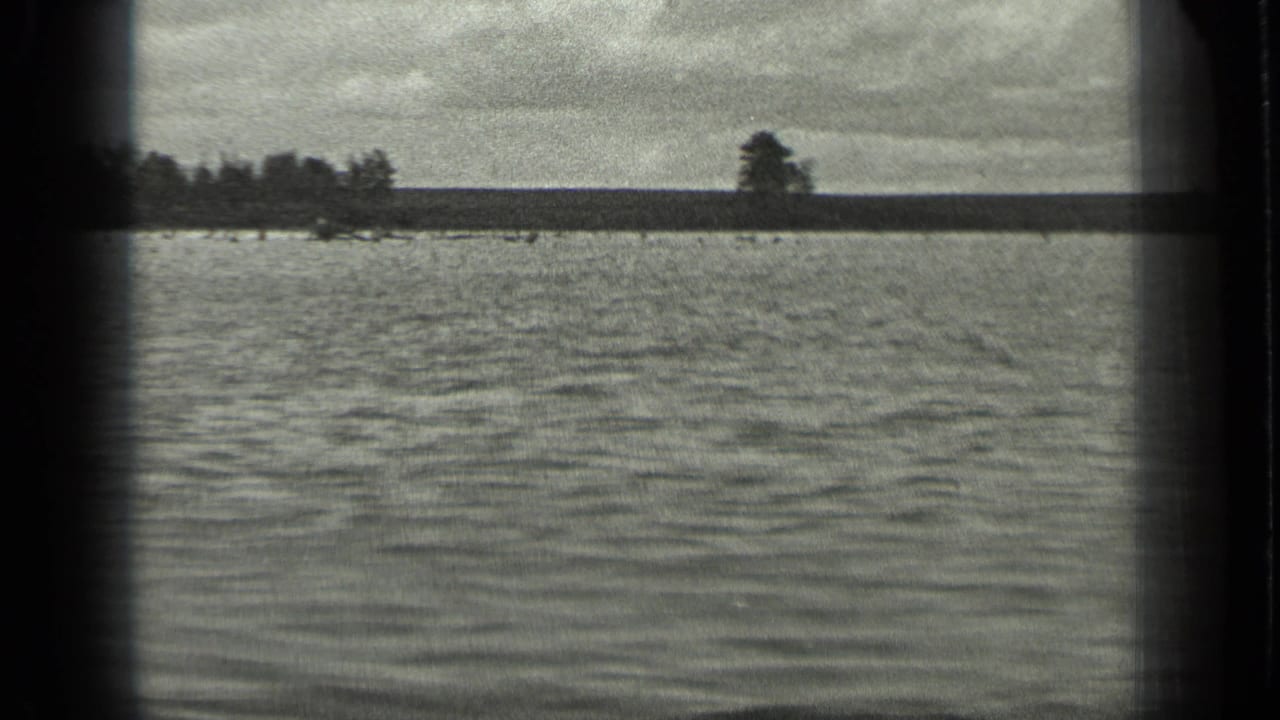 A Long Lake water view shows rippled lake surface, a low distant shoreline, scattered trees, and a cloudy sky in the 8mm frame.