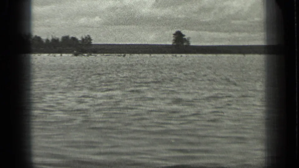 A Long Lake water view shows rippled lake surface, a low distant shoreline, scattered trees, and a cloudy sky in the 8mm frame.