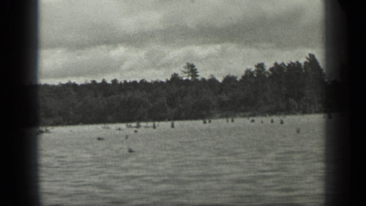The closing 1939 Long Lake frame shows rippled water, distant trees, cloudy sky, and small indistinct shapes near the lake surface.