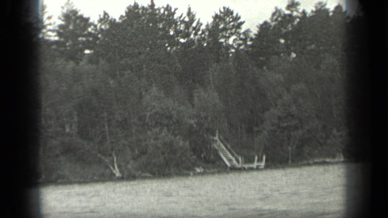 1939 Long Lake, Canada lakeshore view showing water, dense trees, and a small wooden dock or stair structure near the bank.