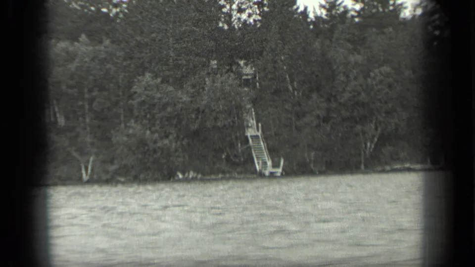 A soft black-and-white frame shows the Long Lake shoreline, with a wooden ladder rising from a small dock against dense forest.