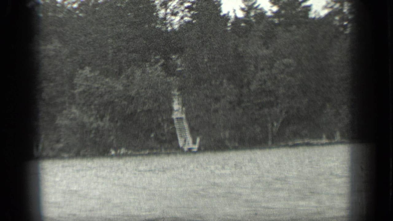 Long Lake, Canada shoreline in 1939 with rippling water in front and a small wooden ladder-and-dock structure beneath tall trees.