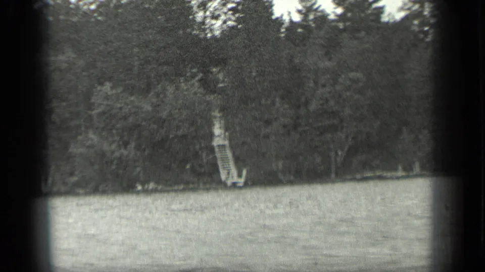 Long Lake, Canada shoreline in 1939 with rippling water in front and a small wooden ladder-and-dock structure beneath tall trees.