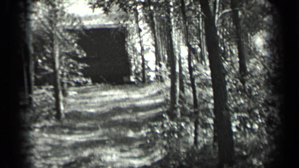 A wooded path at Long Lake appears to lead toward a dark cabin-like structure in the distance.