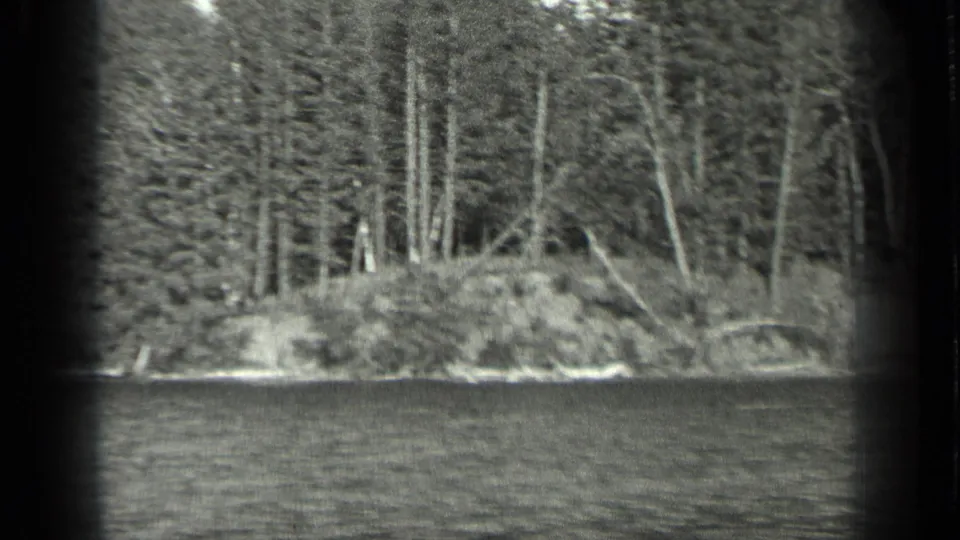1939 Long Lake, Canada frame showing rippled water, shoreline brush, fallen wood, and tall forest trunks.