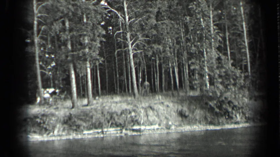 Black-and-white 1939 Long Lake frame with water, grassy bank, tall trees, and a faint distant form in the woods.