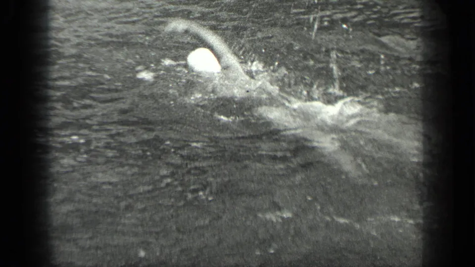 A white-capped woman swims across the Long Lake water, her arm raised through the stroke in grainy black-and-white 8mm footage.