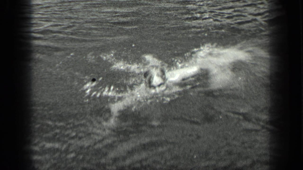The swimmer moves across the Long Lake frame, one arm outstretched as splashes break the otherwise calm surface.