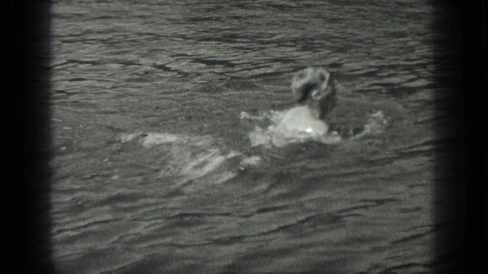 The swimmer is seen from behind in rippled lake water, framed by the soft, grainy 8mm image border.